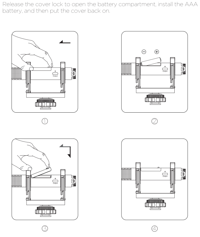 Four-step diagram: release the cover lock, insert the AAA battery observing polarity, and close the battery cover