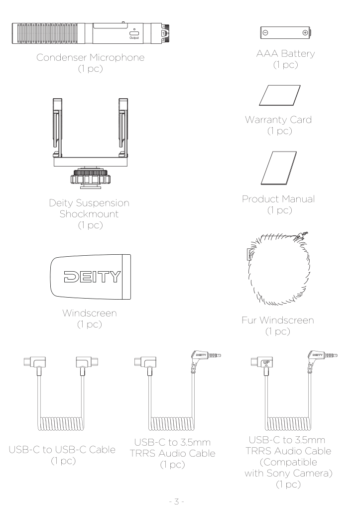 V-Mic D4 package contents: condenser microphone, AAA battery, Deity suspension shockmount, warranty card, product manual, windscreen, fur windscreen, and three cables