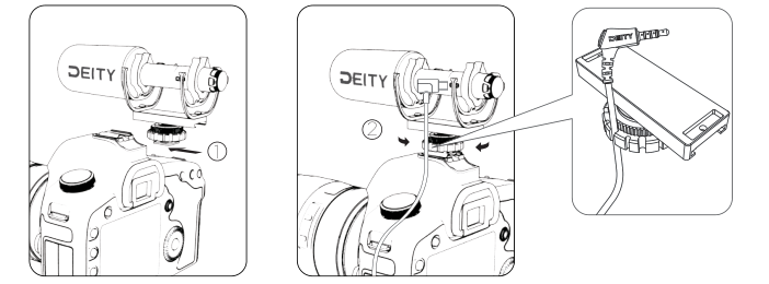 Mounting the V-Mic D4 to a camera cold shoe and rotating the bottom wheel clockwise to secure it, then connecting the audio cable