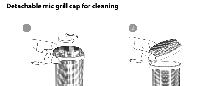 Two-step diagram: twist the VO-7U grill cap to unlock, then lift it off