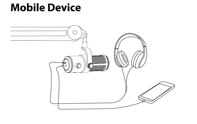 VO-7U on a boom arm connected to a smartphone, with headphones plugged into the microphone