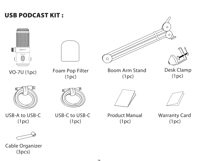 VO-7U USB Podcast Kit packing list: microphone, foam pop filter, boom arm stand, desk clamp, USB cables, manual, warranty card, cable organizers