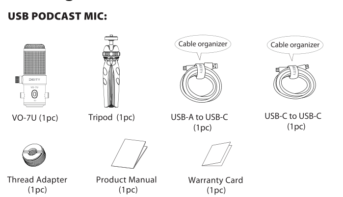 VO-7U USB Podcast Mic packing list: microphone, tripod, USB cables, thread adapter, manual, warranty card
