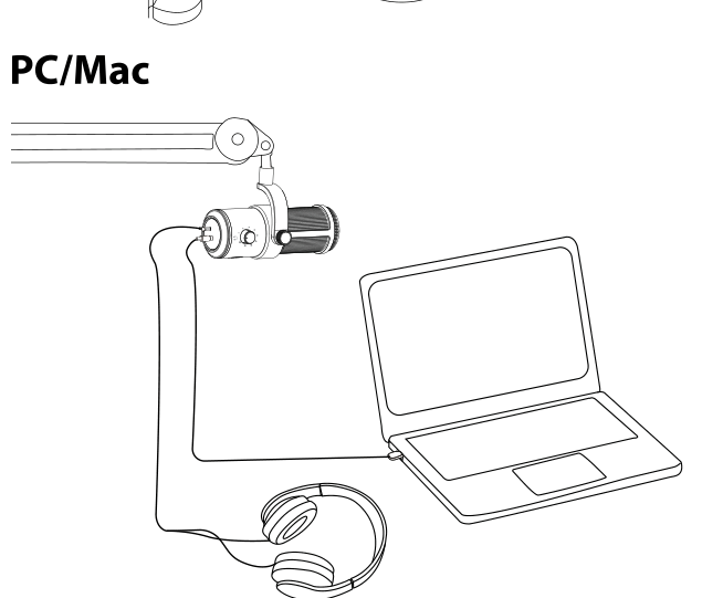 VO-7U on a boom arm connected to a laptop, with headphones plugged into the microphone